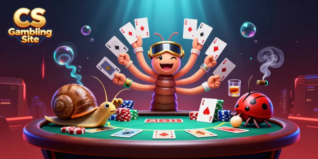 Engaging scene of a CS Gambling Site with a cartoon millipede dealer and unique characters, illustrating excitement.