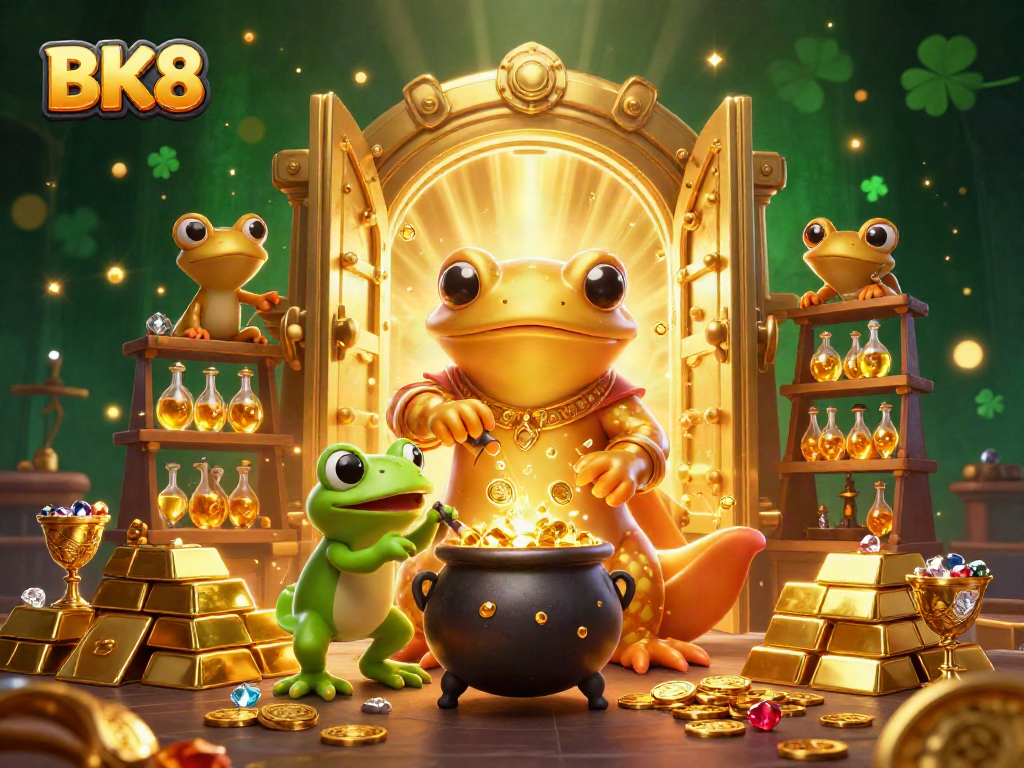 Experience the luxurious BK8 casino environment with a rich 3D scene of a golden alchemist and his apprentice.