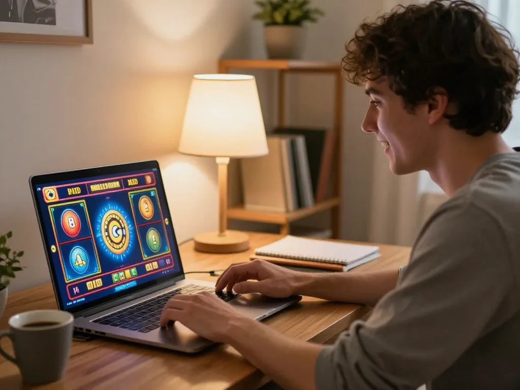 Engaging in situs slot gacor gameplay on a laptop with vibrant graphics, capturing strategic moments.