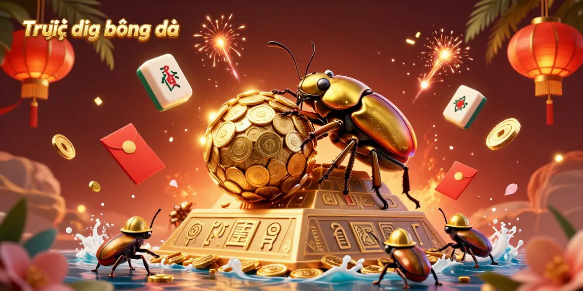 Engage with Trực tiếp bóng đá in an ultra-detailed 3D scene featuring a golden beetle rolling coins and dynamic casino elements.