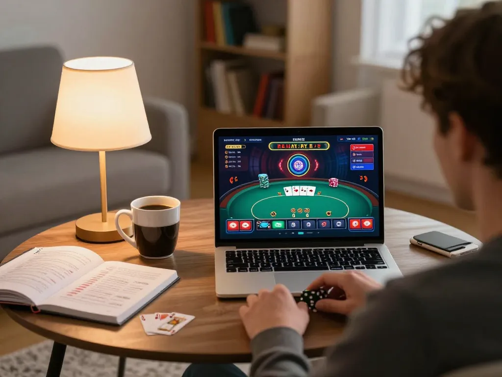 Engaging in online poker at Canadian online casinos while reviewing strategies in a cozy living room.