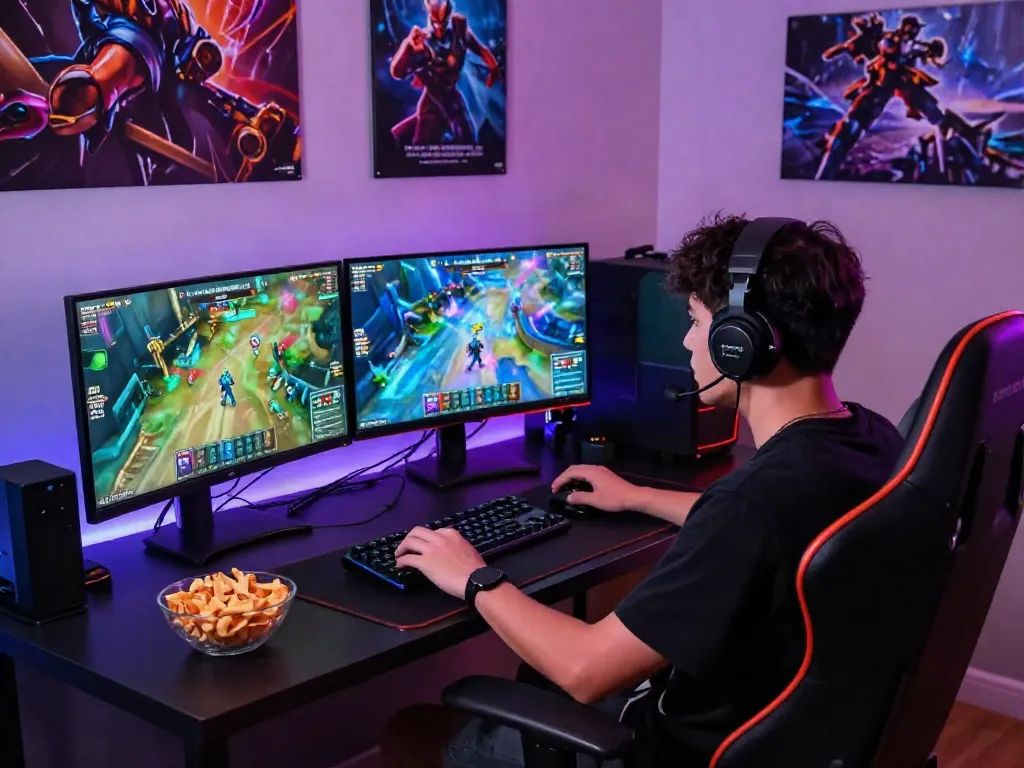 Pengguna bukumimpi138 berinteraksi dengan permainan di meja gaming modern dengan pencahayaan RGB yang menarik.