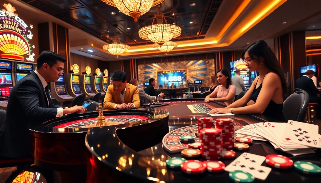 Experience thrilling gaming at LC88 casino with engaging slot machines and vibrant roulette tables.