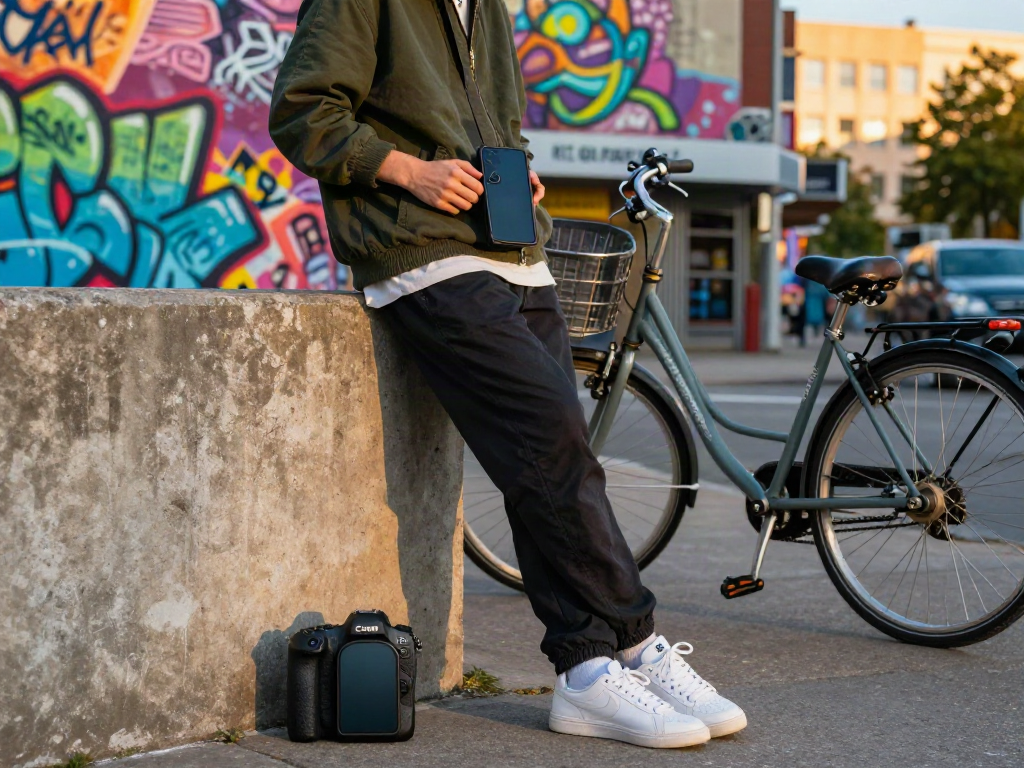 Person in streetwear enjoying city life with a80 phone, vibrant graffiti backdrop.