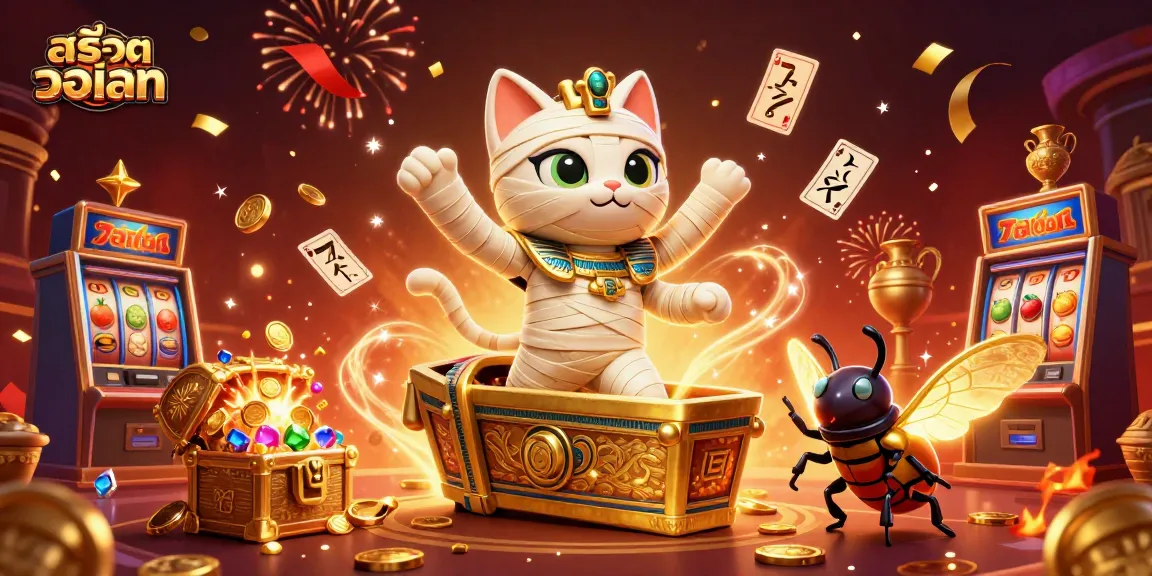 Spin the reels of สล็อตวอเลท in a vibrant scene with an Egyptian mummy cat and treasures.