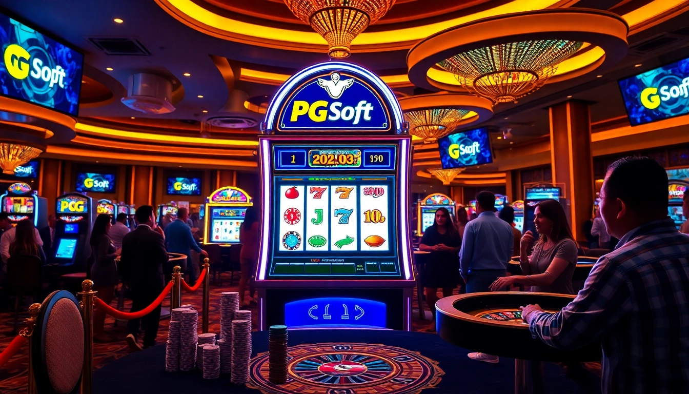 Experience the thrill of "slot demo pg" with players engaging at a vibrant casino scene featuring illuminated slot machines.