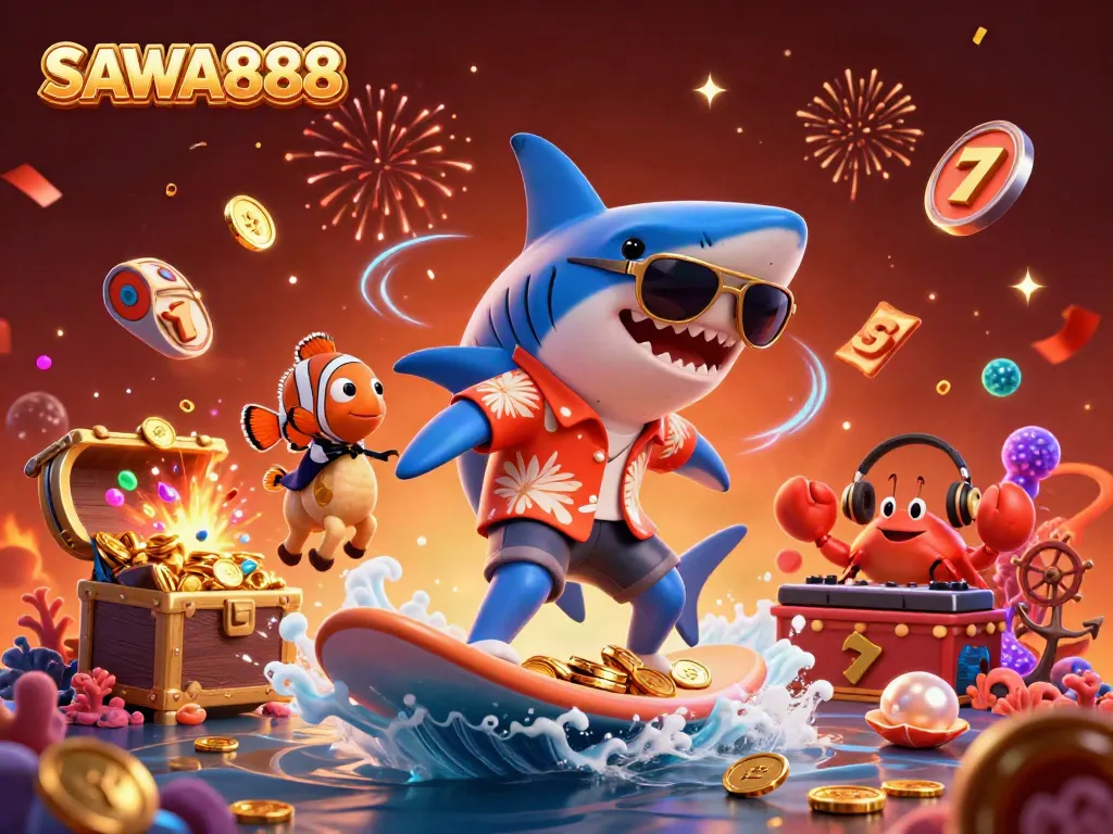 Experience the thrill of SAWA888 with a lively illustration featuring a hammer-head shark and exciting casino elements.