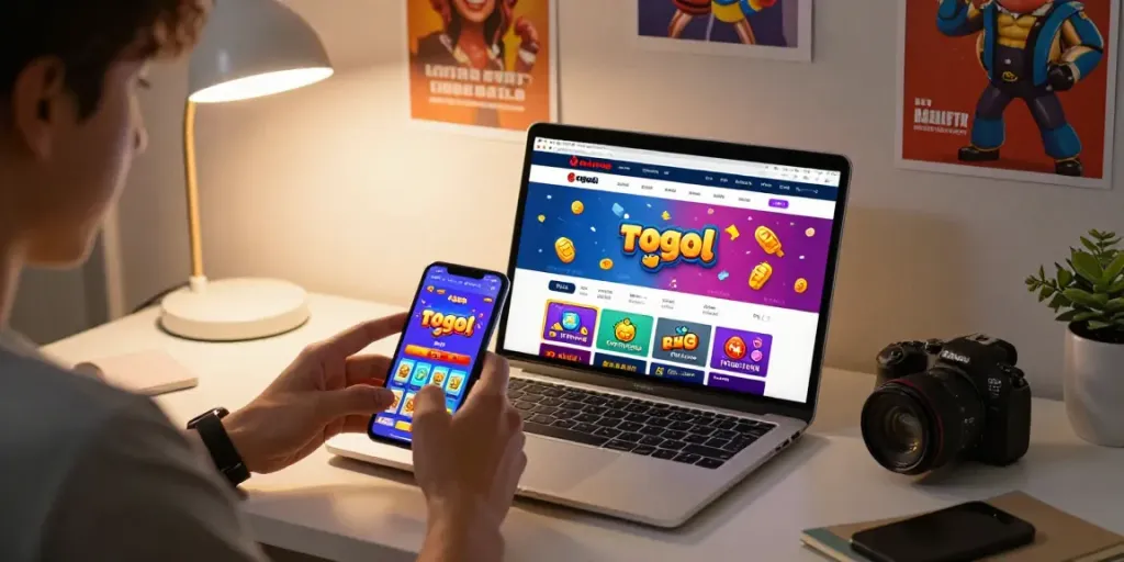Pengguna Rajatogel bermain togel online dengan smartphone dan laptop dalam suasana nyaman