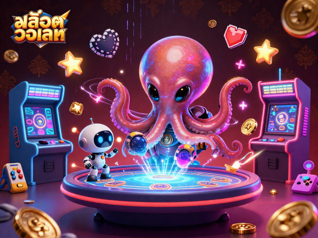 Engage with สล็อตวอเลท in a vibrant 3D scene featuring an alien octopus and a robot at a holographic poker table.