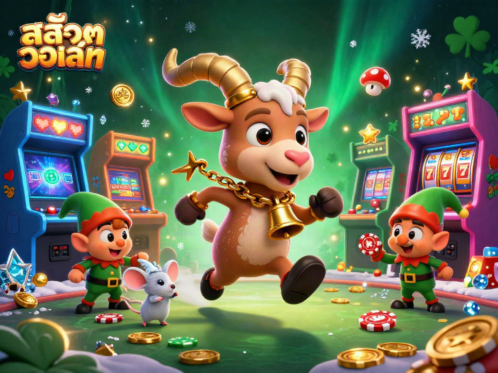 Engaging scene of Krampus and friends at a vibrant casino, highlighting สล็อตวอเลท slots and festive chaos.