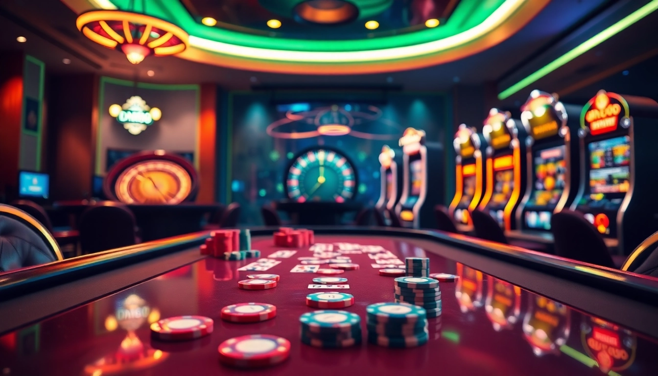 Action-packed poker game at dn88 casino showcasing colorful chips and cards.