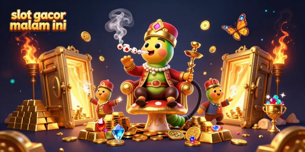 Raih kemenangan dengan slot gacor malam ini di dalam ilustrasi kasino megah yang menampilkan karakter unik.