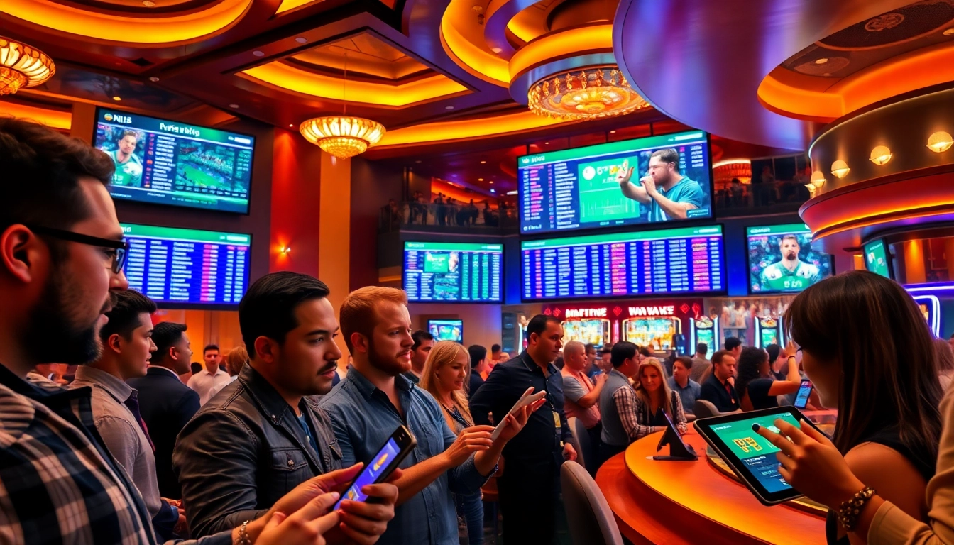 Engaging scene of online betting at a casino, showcasing lively bettors and sports odds displays.