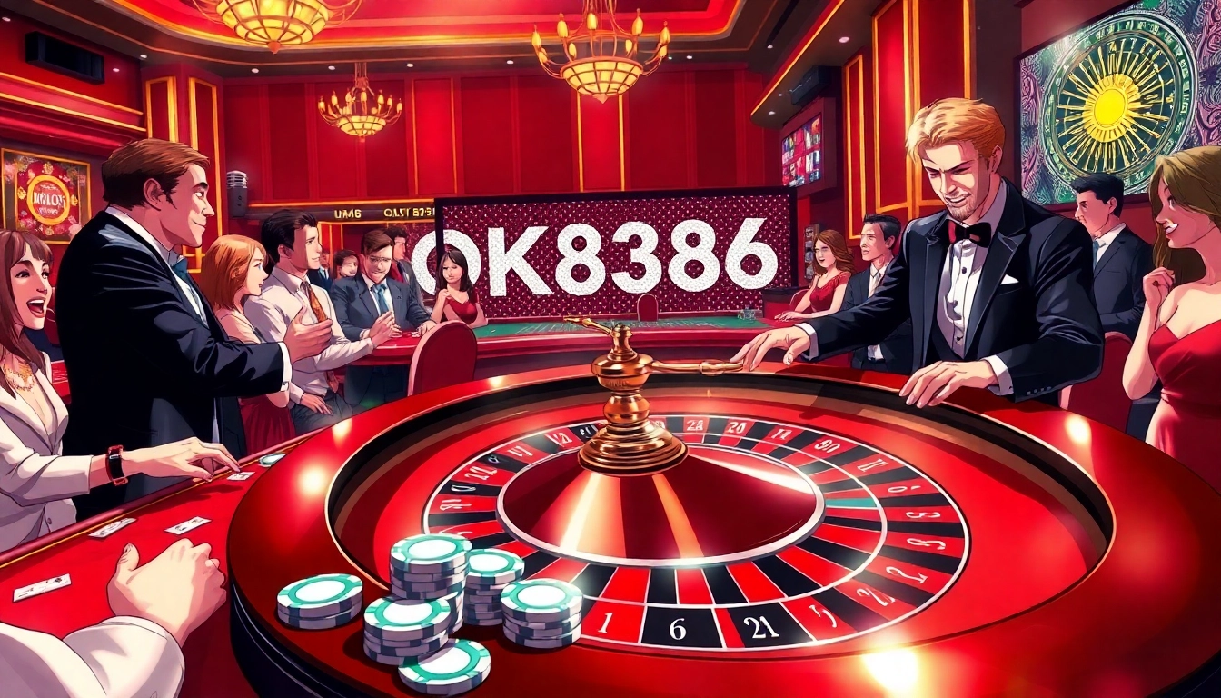 Experience the thrill at an OK8386 themed roulette table in a luxurious casino setting.