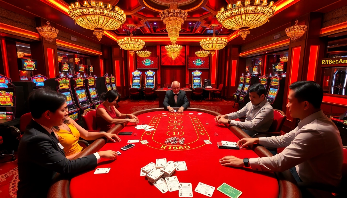 Experience the excitement of RR88 at a luxurious casino table with enthusiastic players engaging in high-stakes gambling.