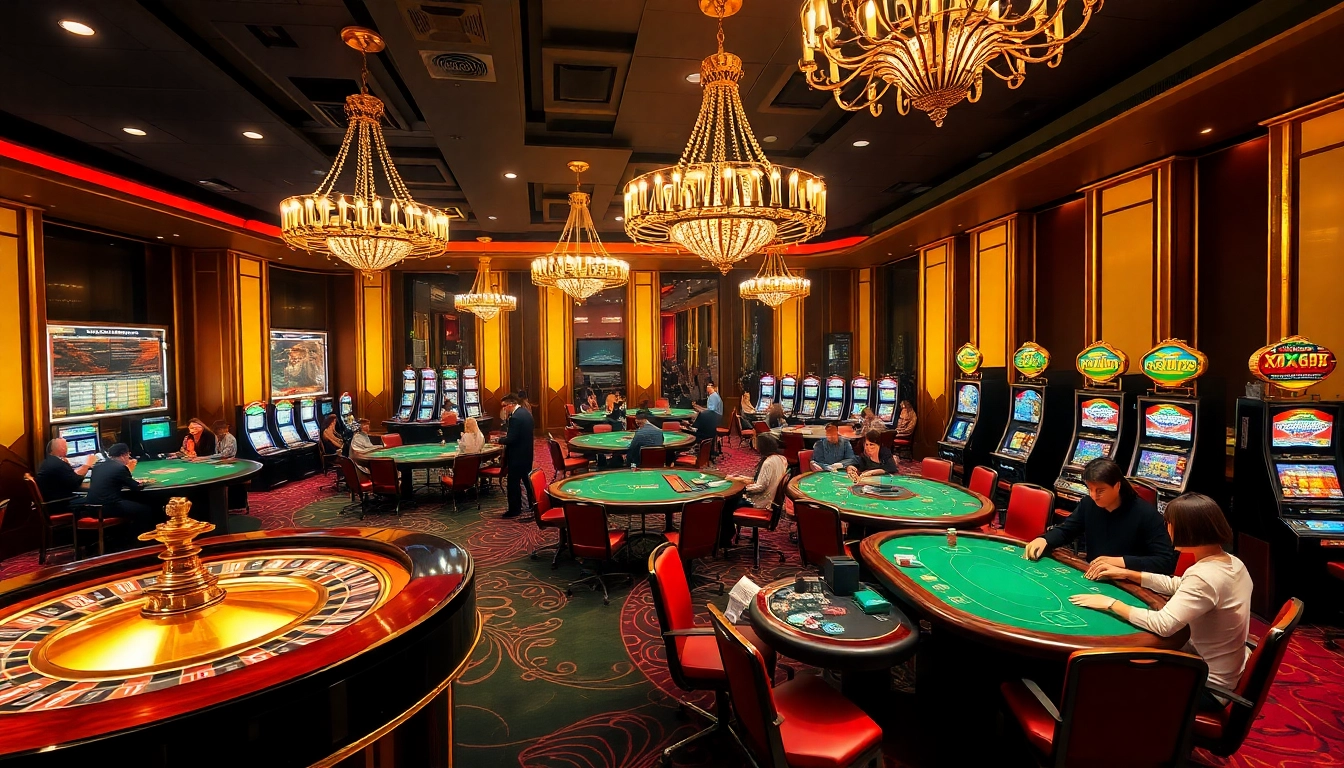 Players enjoying a vibrant casino experience at XX88 with roulette and poker tables.