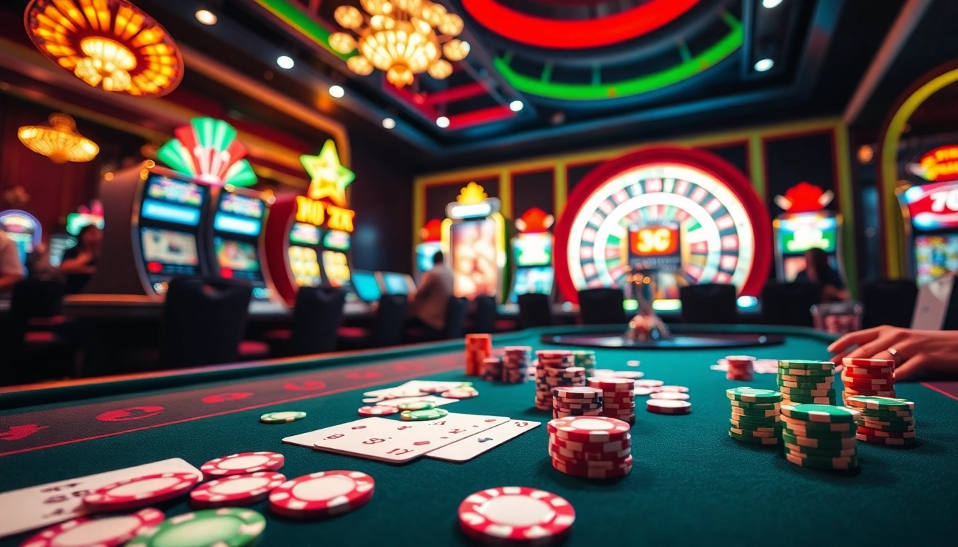 Gamblers strategizing at a casino table featuring 32win poker chips and cards.