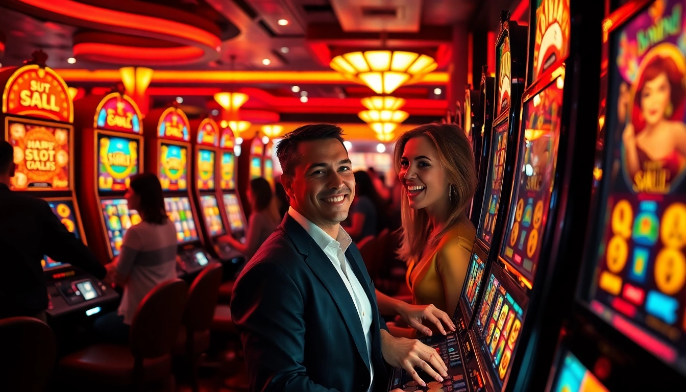 Slot Game yang menarik dengan mesin slot yang berwarna-warni dan pemain yang bersemangat.