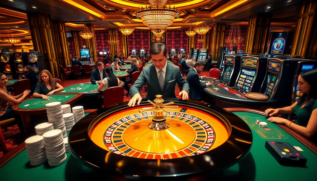 Exciting casino atmosphere with luxury gambling elements including OK8386 roulette wheel and poker action.