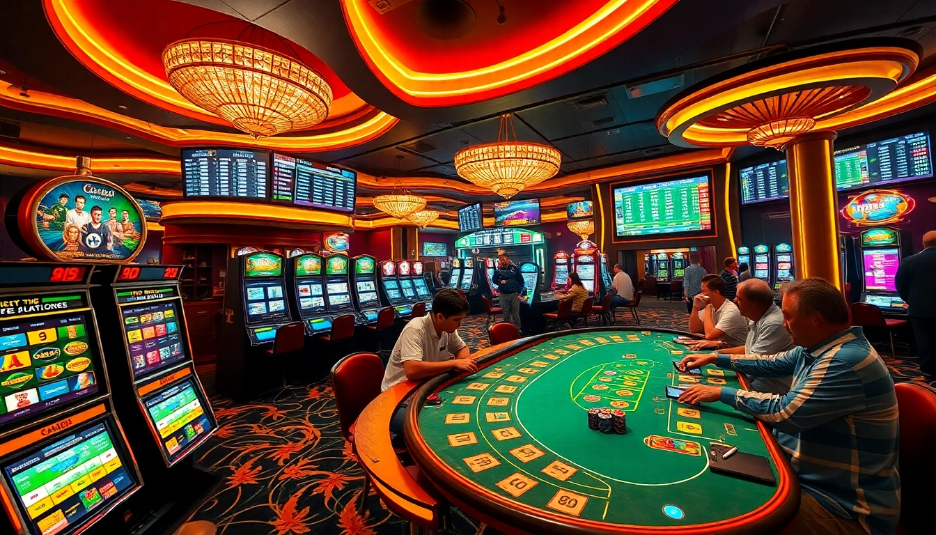 C168 casino scene with vibrant slot machines and engaging poker tables, capturing the excitement of sports betting.