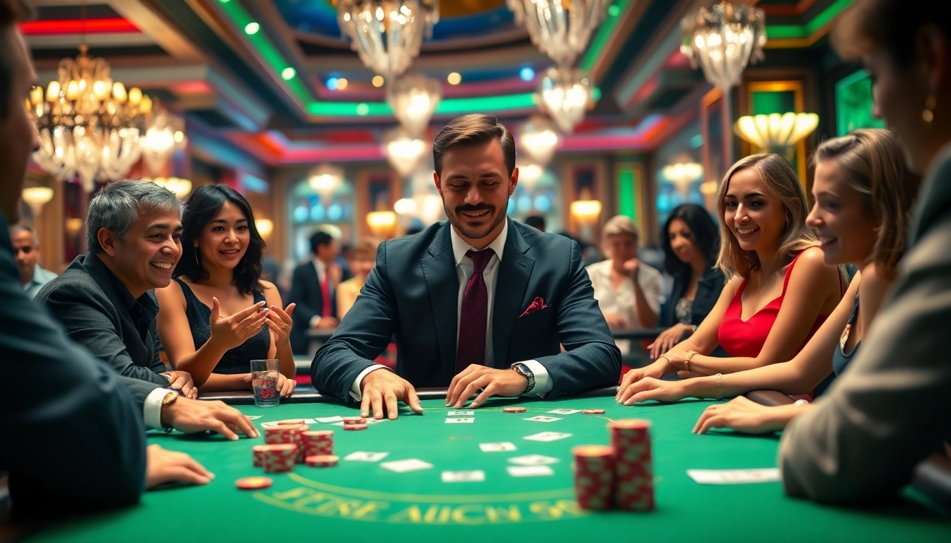Experience the excitement of a Blackjack Casino with players and a dealer in action at a gaming table.