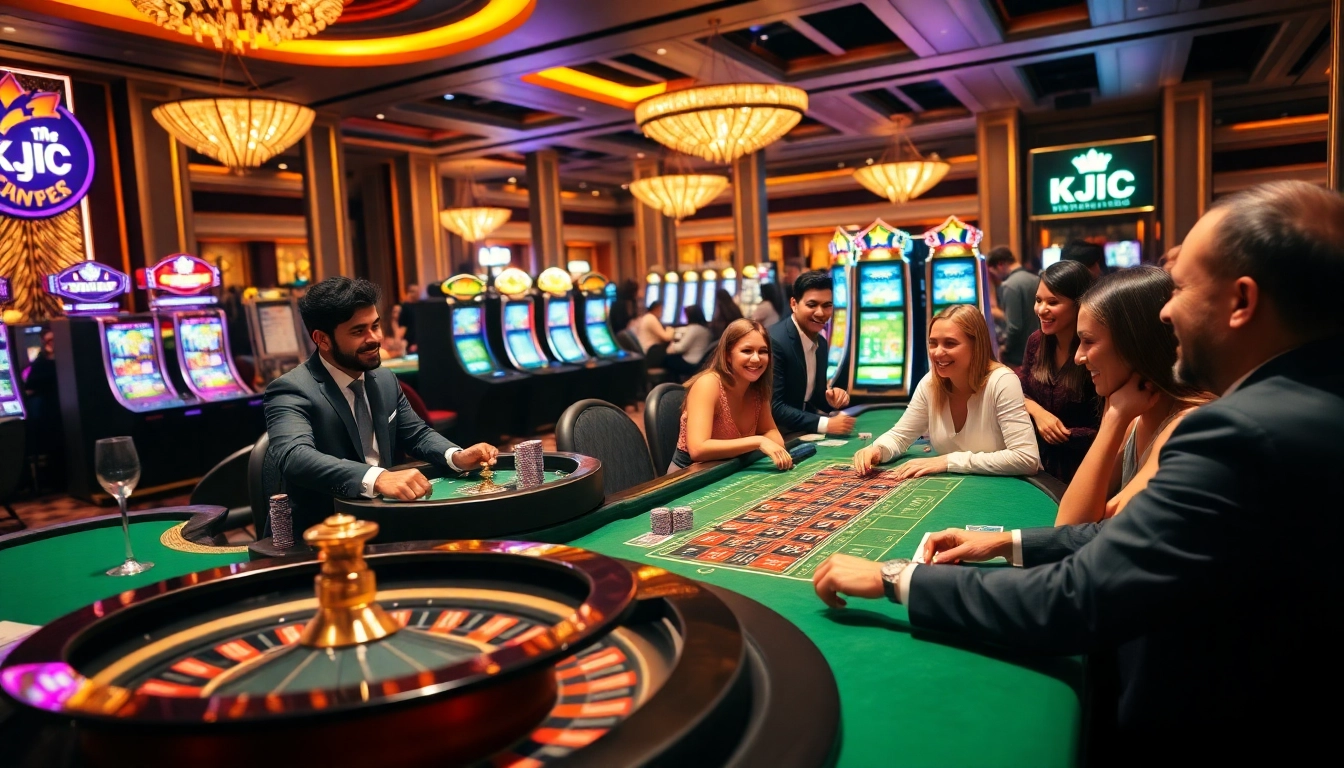 KJC casino players enjoying a thrilling night with poker games and slot machines.