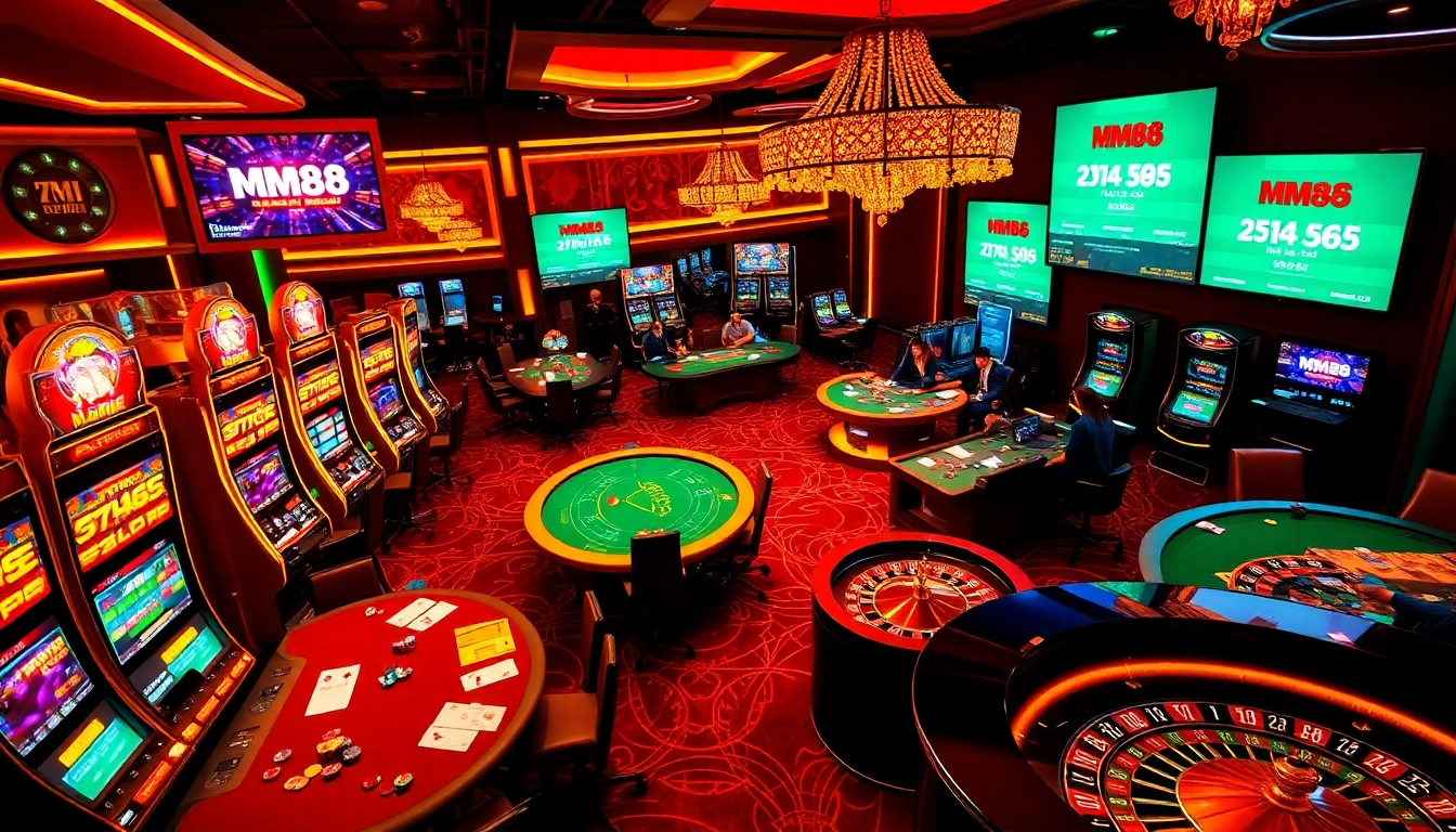 MM88 casino players enjoying blackjack and roulette games in a vibrant atmosphere.