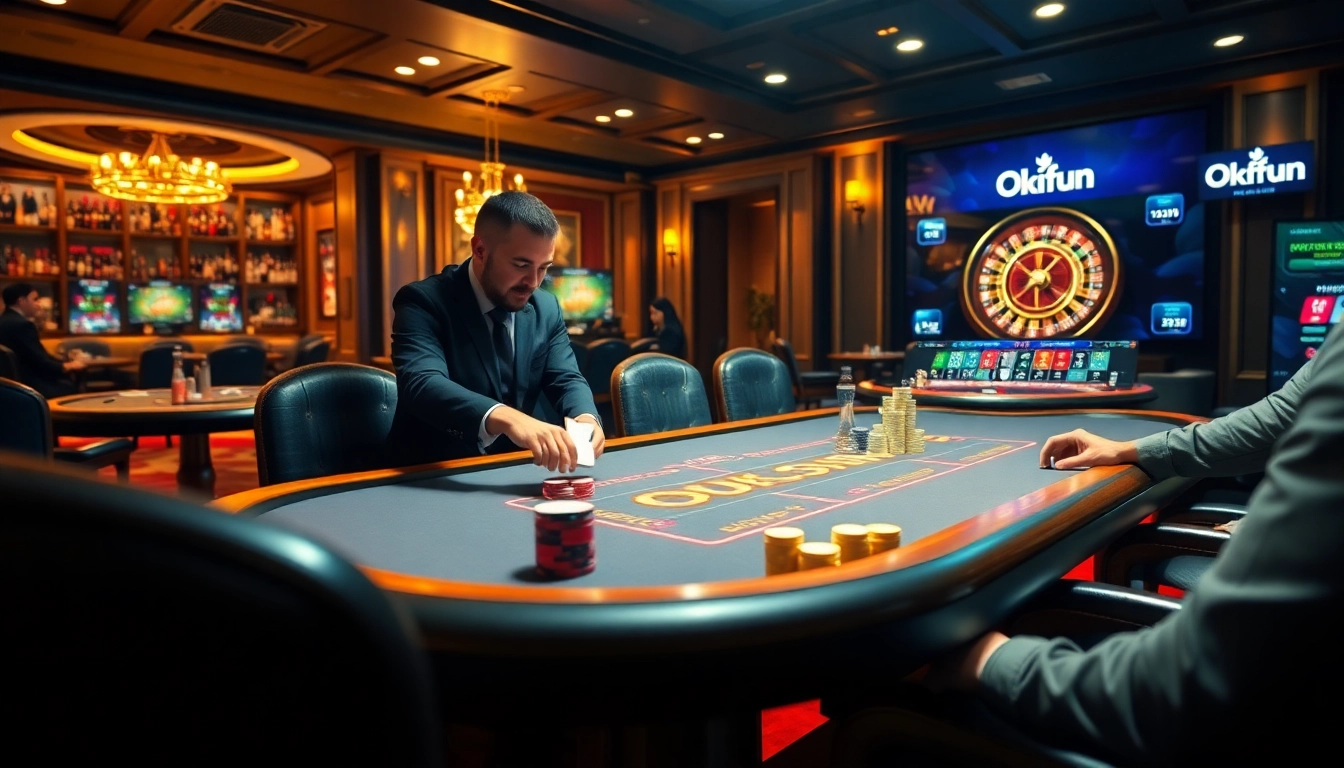 Players enjoying an exciting poker game at Okfun casino, surrounded by vibrant chips and roulette.