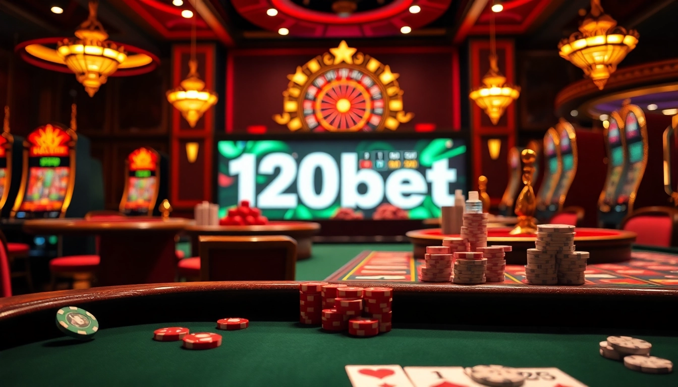 Experience the thrill of 120bet with vibrant casino tables and dramatic slot machines.