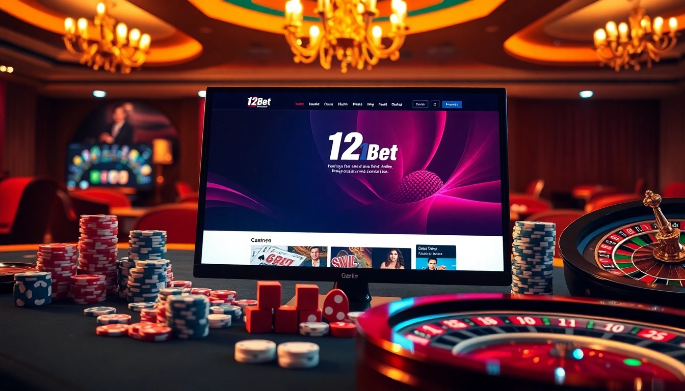 Engaging visual illustrating 'ink vao 12bet' with vibrant casino elements like slot machines and poker chips.
