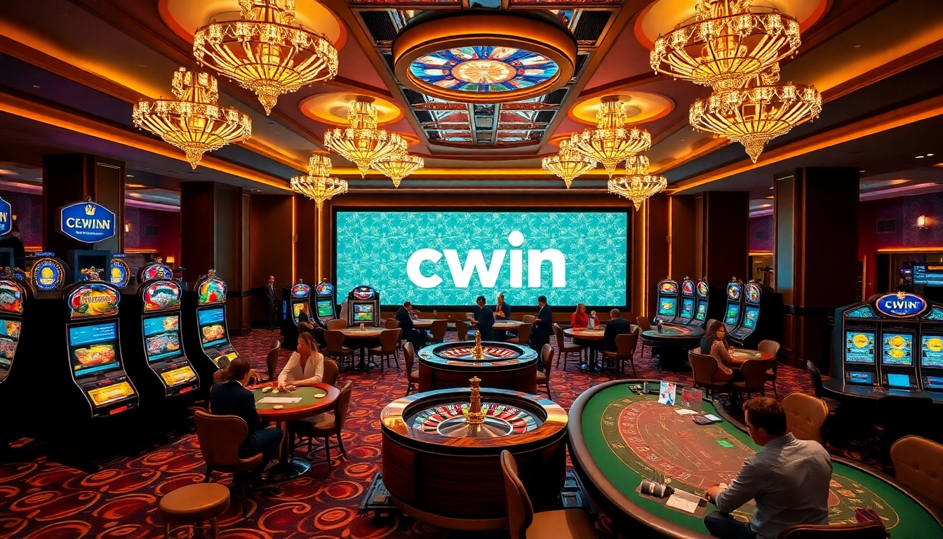 Experience excitement in a vibrant casino with 'cwin' chips and lively gaming tables.