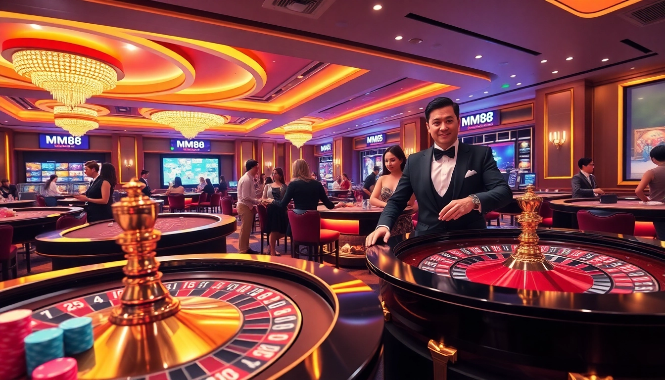Experience the excitement of MM88 casino with vibrant tables and luxurious gaming elements.