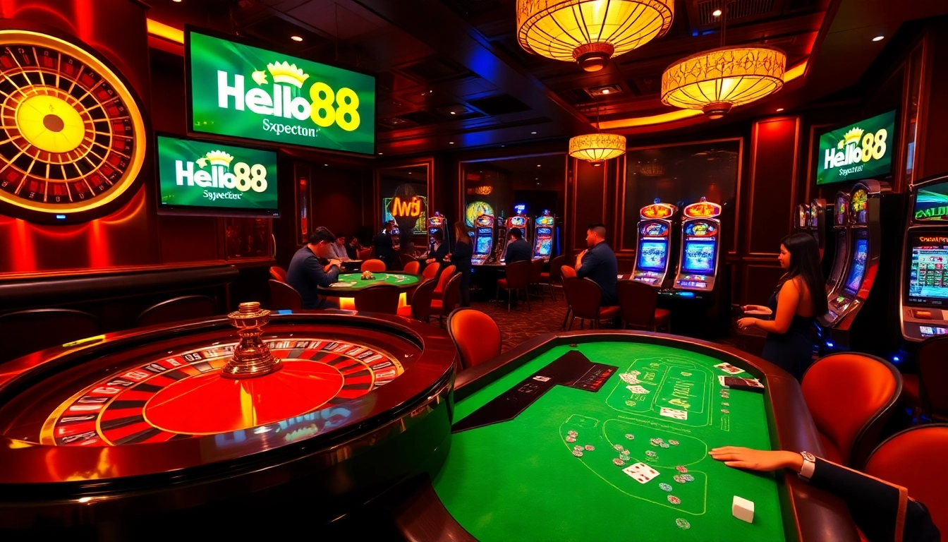 Hello88 casino scene featuring glamorous tables, engaging players, and vibrant slot machines.