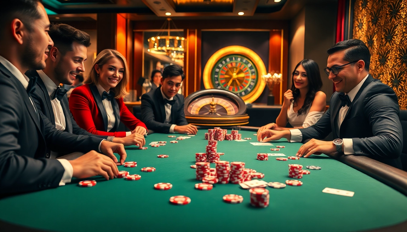 Exciting poker game at GO8v.bio with vibrant chips and elegant players, showcasing luxury gaming.