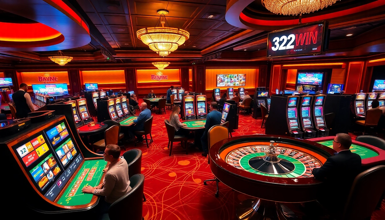 Players enjoying their time at 32WIN casino, surrounded by slot machines and gaming tables.