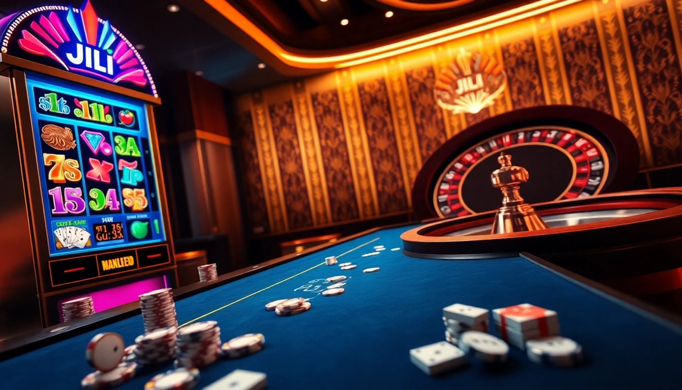 Experience the thrill of online gambling with JILI, showcasing slot machines and casino tables.