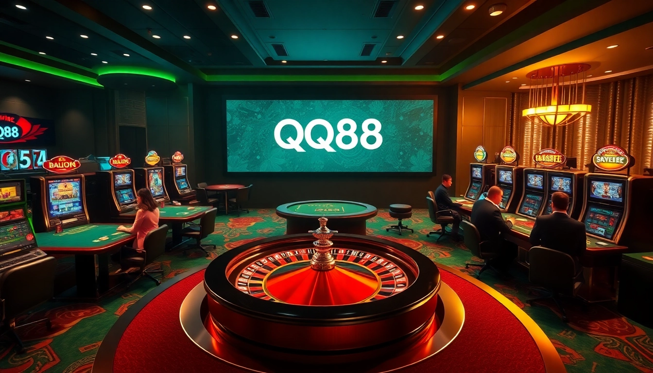 Engage with QQ88's exciting casino atmosphere, featuring roulette, poker, and dynamic gaming options.