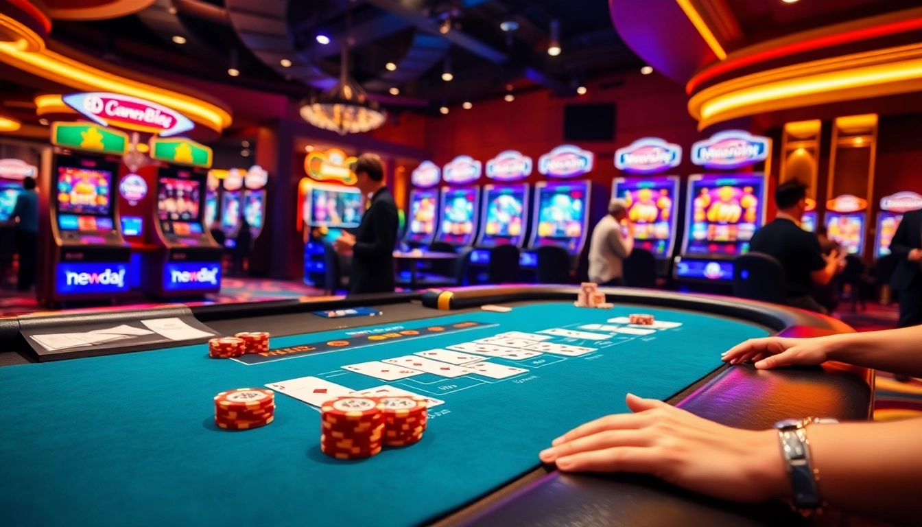 High-stakes players enjoying luxury gaming at new888 casino with immersive slot machines and blackjack tables.
