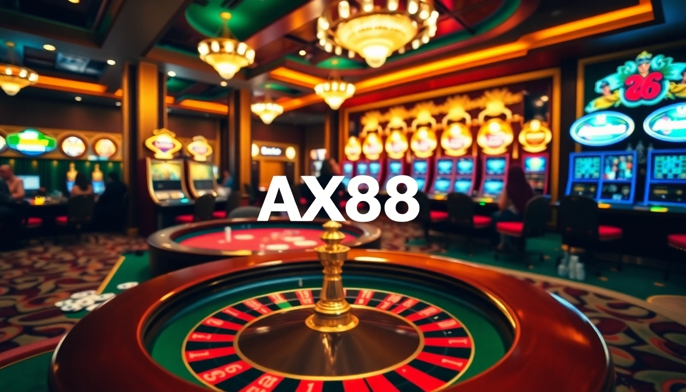 Players enjoying game night at AX88 Casino with roulette and poker tables.