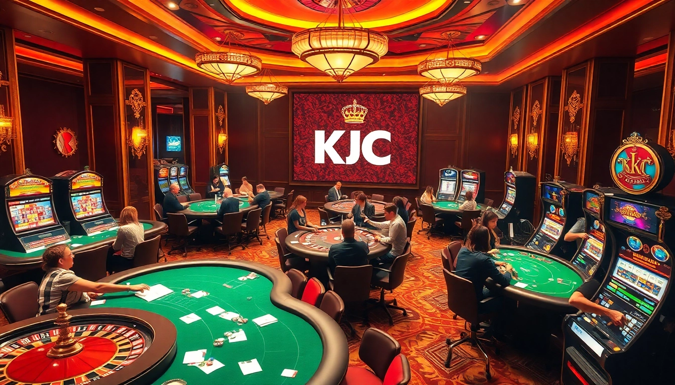 KJC gaming scene with players at poker tables and roulette wheels in a luxurious casino.