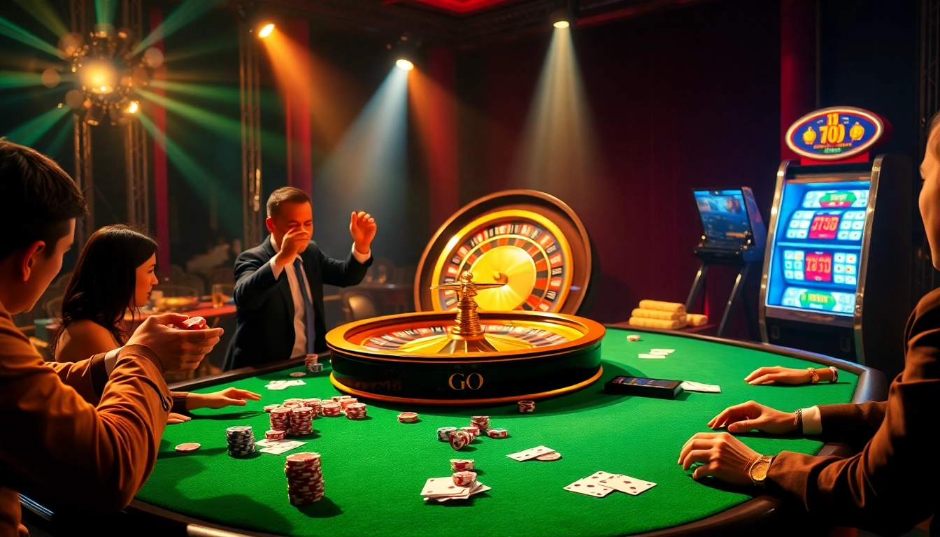 Players enjoying a thrilling go8 casino experience with colorful chips and a spinning roulette.