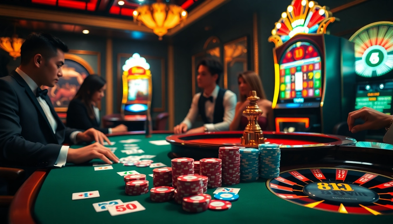 Exciting gaming action at trang chu 32win casino, highlighting cards, chips, and roulette.