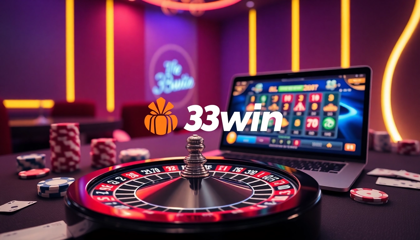 33win online casino interface with roulette wheel and poker chips highlighting thrilling gaming experience.