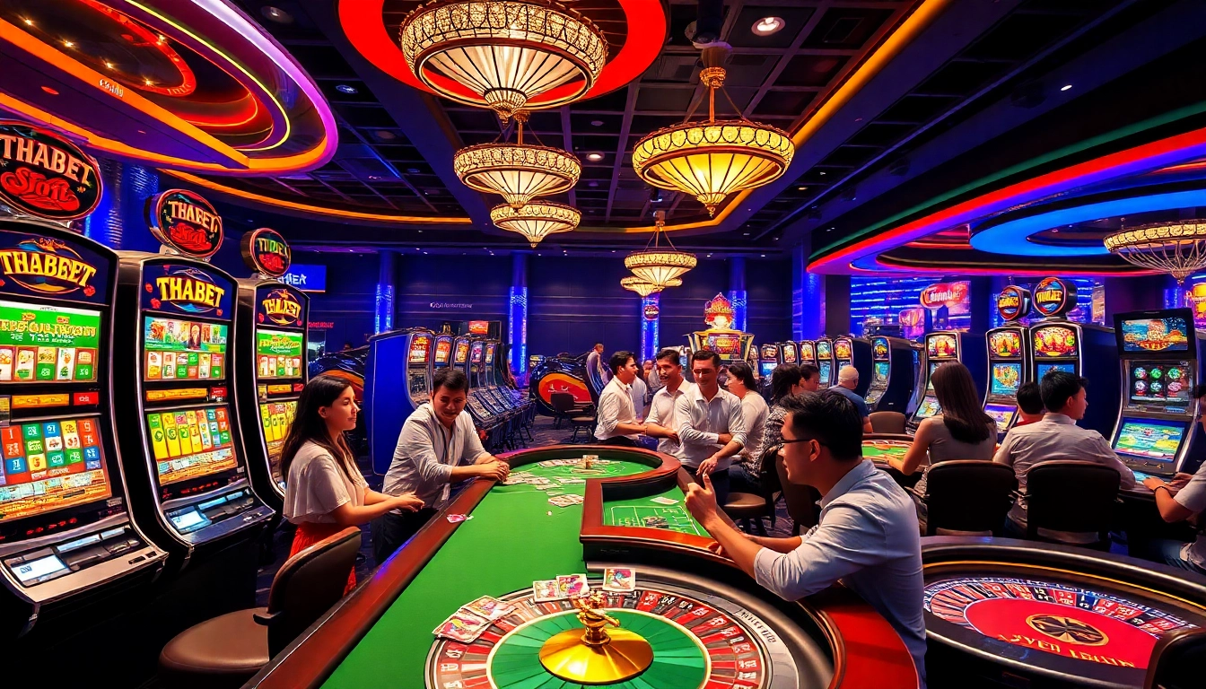 Experience the thrill of gambling at https://tha-bet.pro/ with vivid online casino action featuring players, cards, and vibrant slot machines.