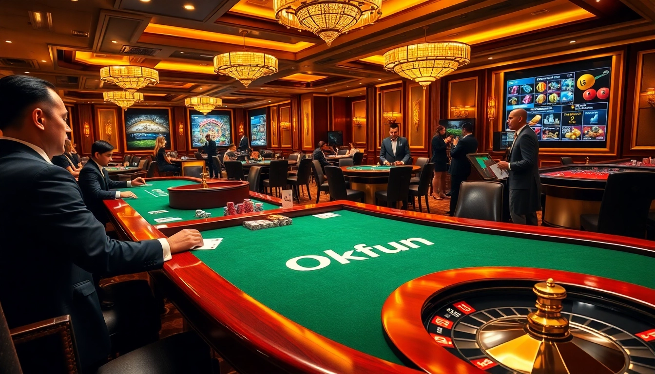 Okfun casino scene with elegant players at poker and roulette tables in a luxurious setting.