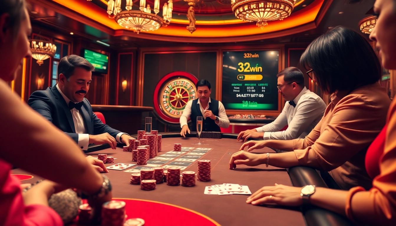 Players enjoying a thrilling game of poker, showcasing excitement and action at 32win casino.