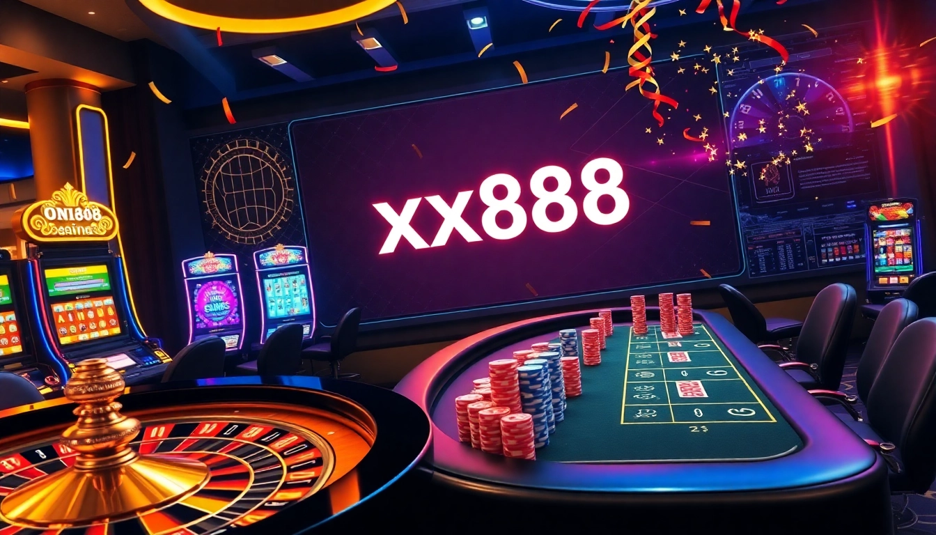 Winning at xx88 with vibrant casino tables and a lively atmosphere of online gambling.