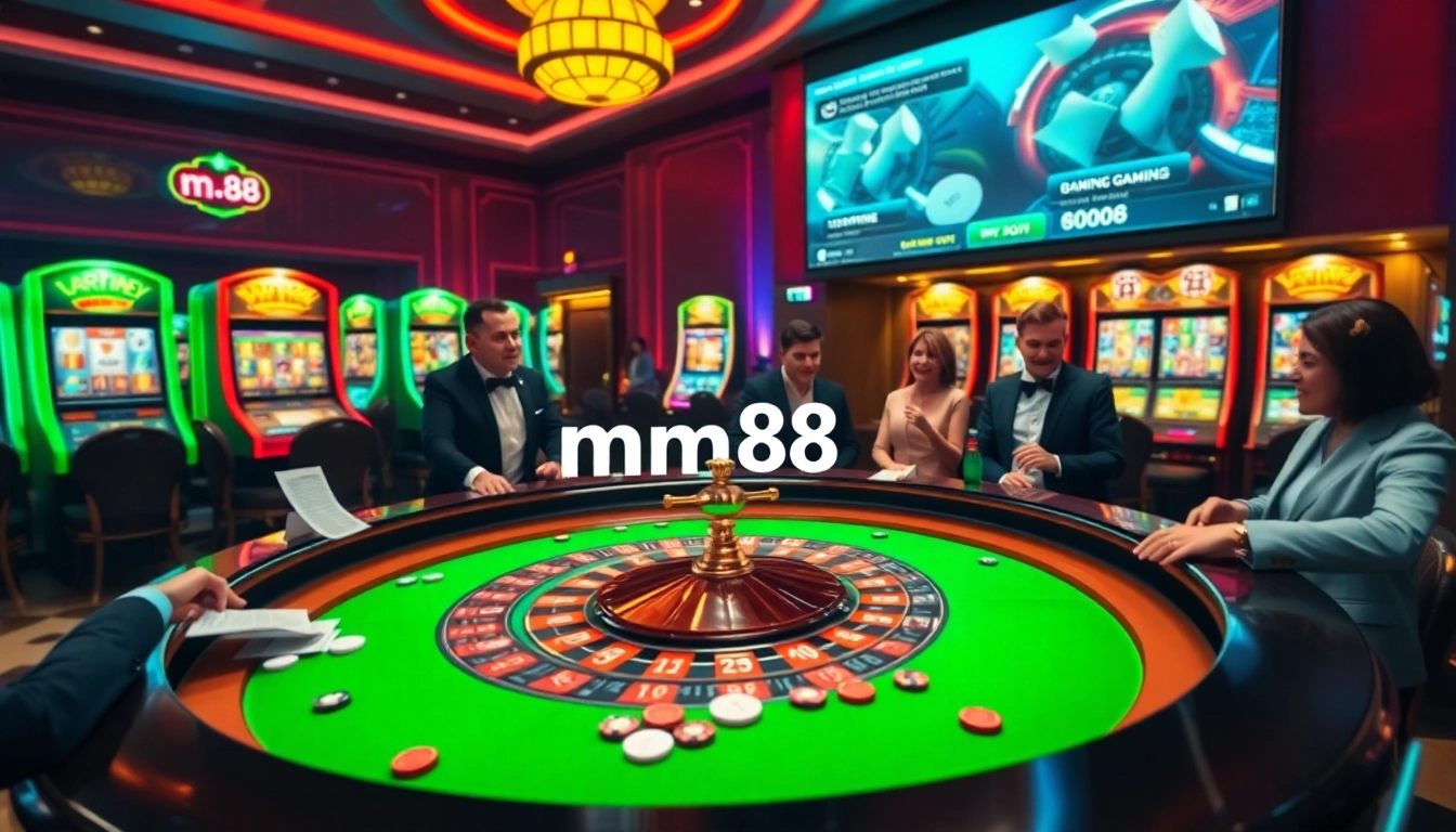 Experience the excitement of mm88 at a luxurious casino, featuring roulette tables and vibrant slot machines.