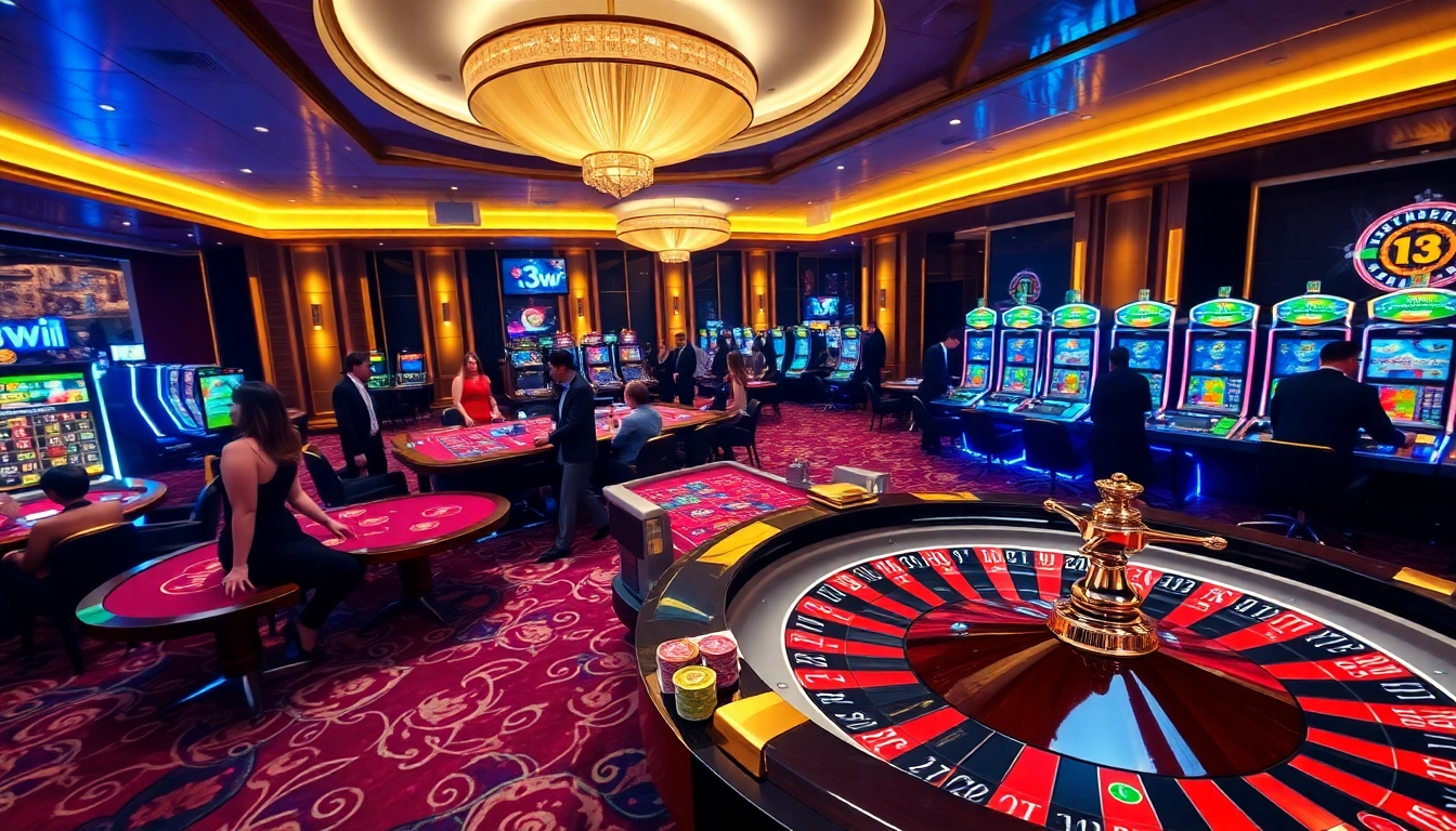 Players engaging in thrilling casino action at 13win gaming tables with vibrant atmosphere.