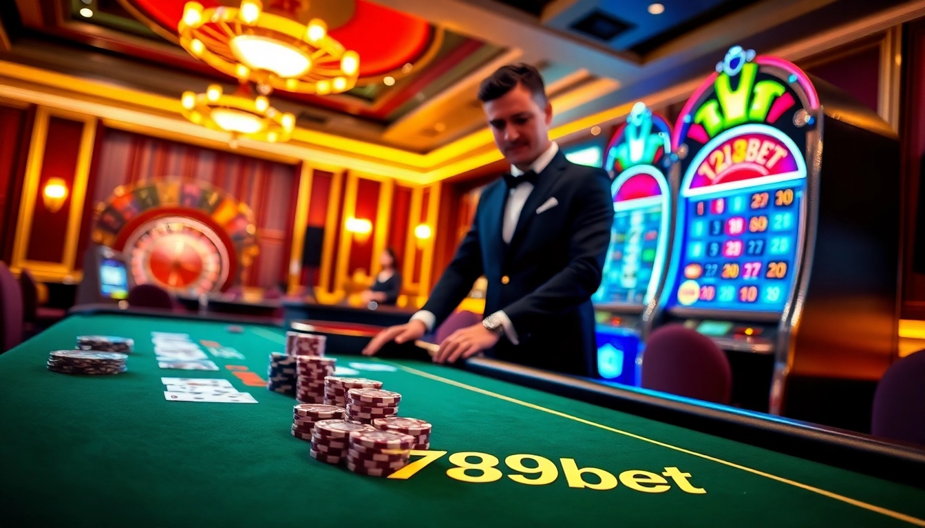 Players enjoying a thrilling game at 789bet's luxurious online casino, featuring poker chips and a roulette wheel.